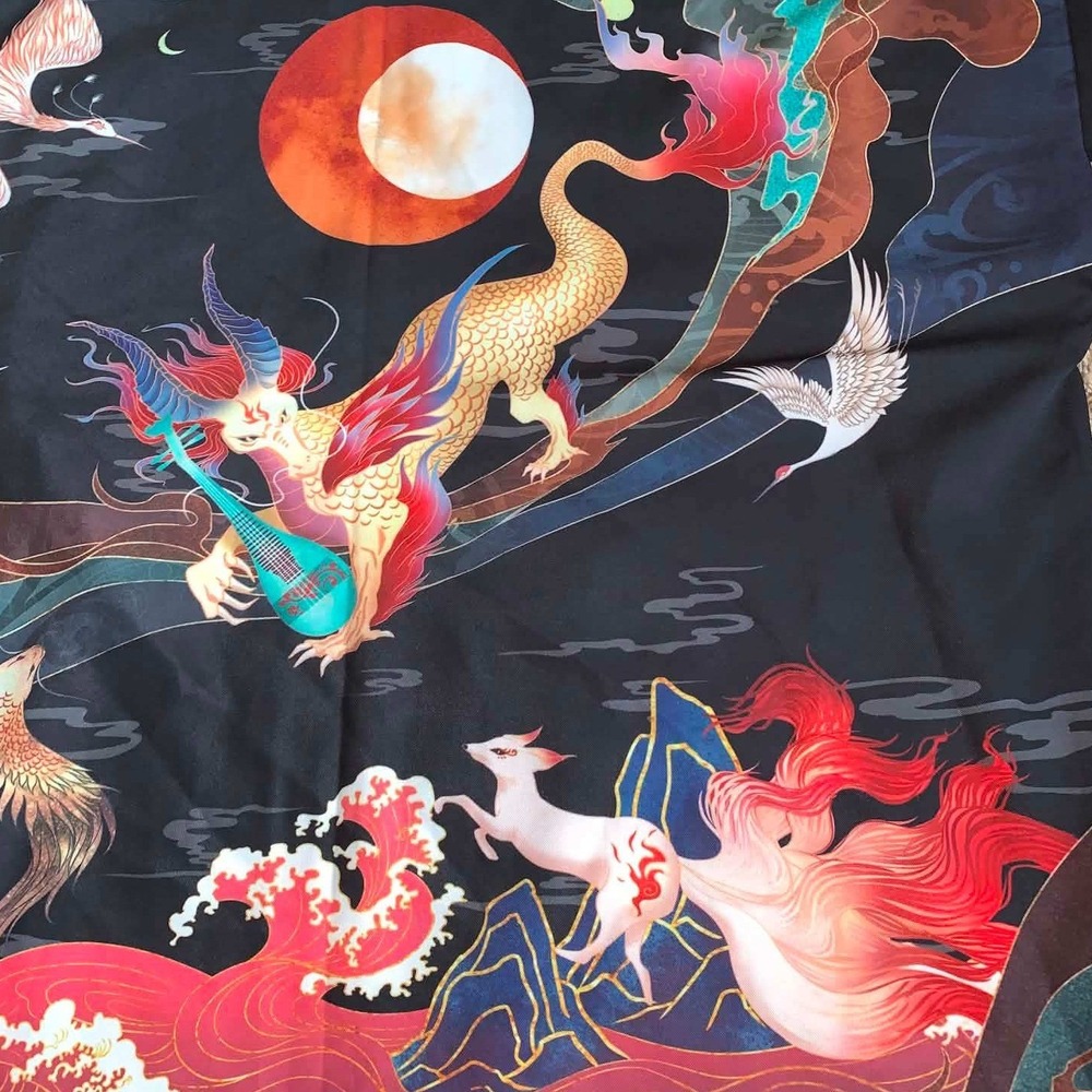 Man Yi Ge Kimono Haori Men Medium Black Dragon Kitsune Crane Print Art Anime